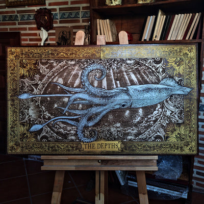 Large laser engraved and hand-painted wooden wall art featuring a detailed giant squid in a vintage nautical illustration style, ideal for coastal, maritime, beach house, and ocean-inspired interiors.