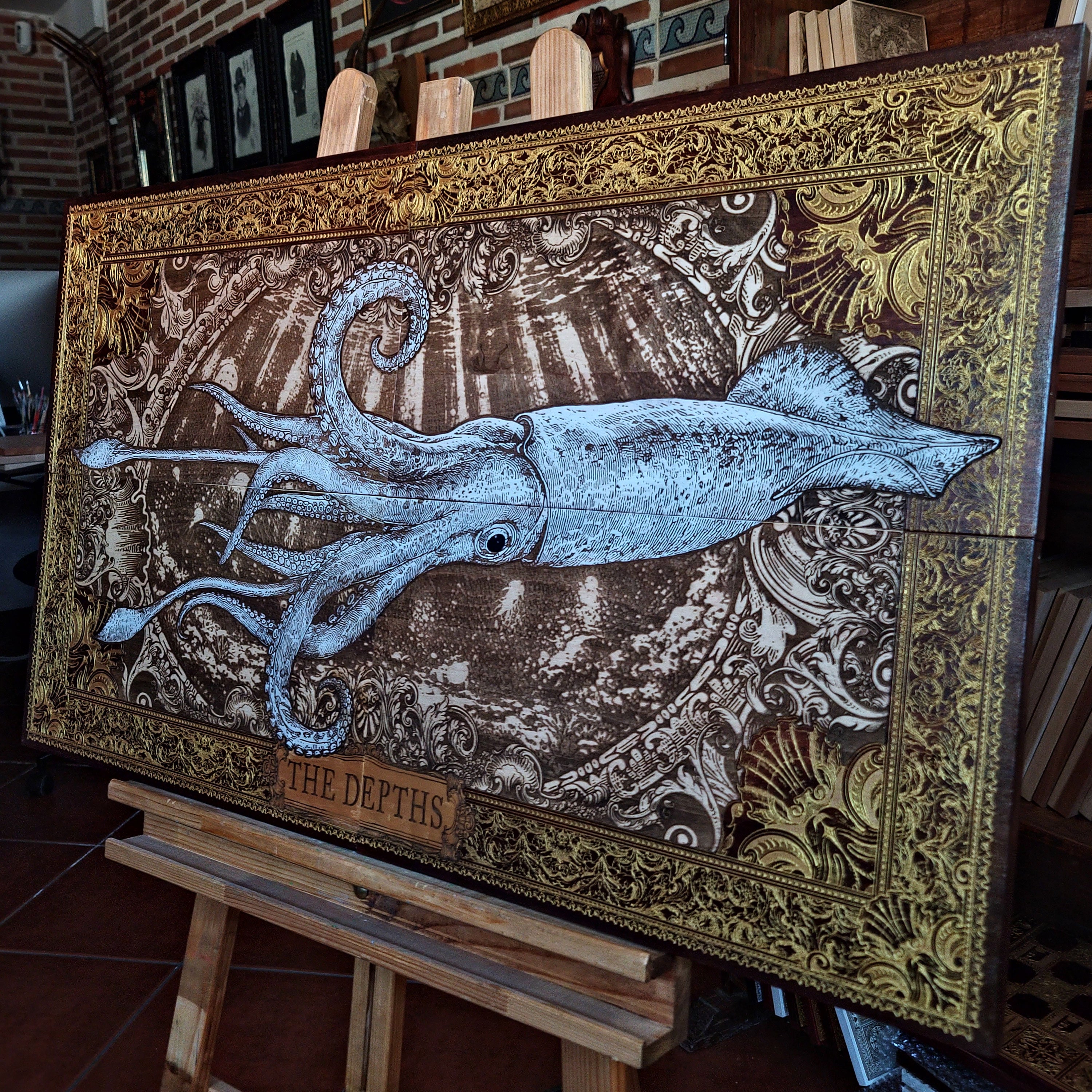 Large laser engraved and hand-painted wooden wall art featuring a detailed giant squid in a vintage nautical illustration style, ideal for coastal, maritime, beach house, and ocean-inspired interiors.