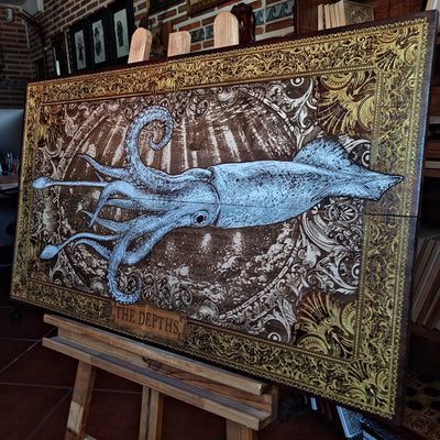 Large laser engraved and hand-painted wooden wall art featuring a detailed giant squid in a vintage nautical illustration style, ideal for coastal, maritime, beach house, and ocean-inspired interiors.