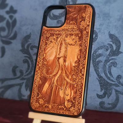 Squid wood phone case laser engraved