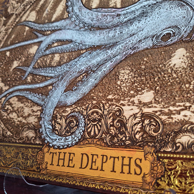 Hand painted and laser engraved wooden squid wall art in a nautical ocean style, featuring detailed marine-inspired design perfect for coastal and underwater themed home decor.
