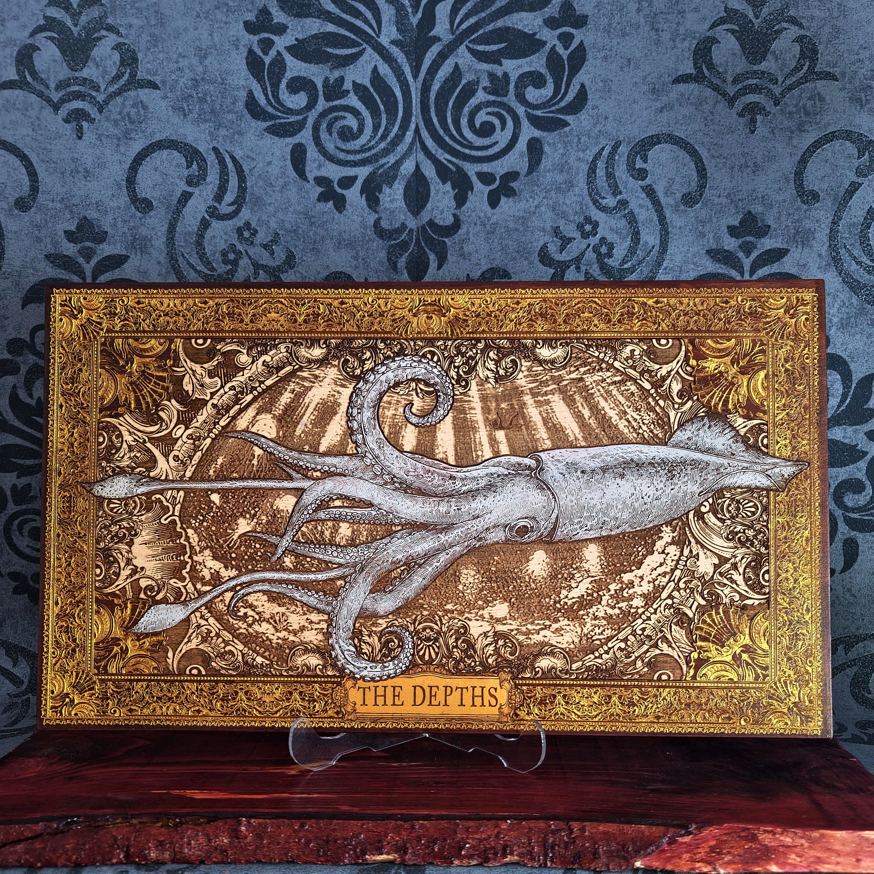 Giant squid wood wall art, hand painted nautical engraving