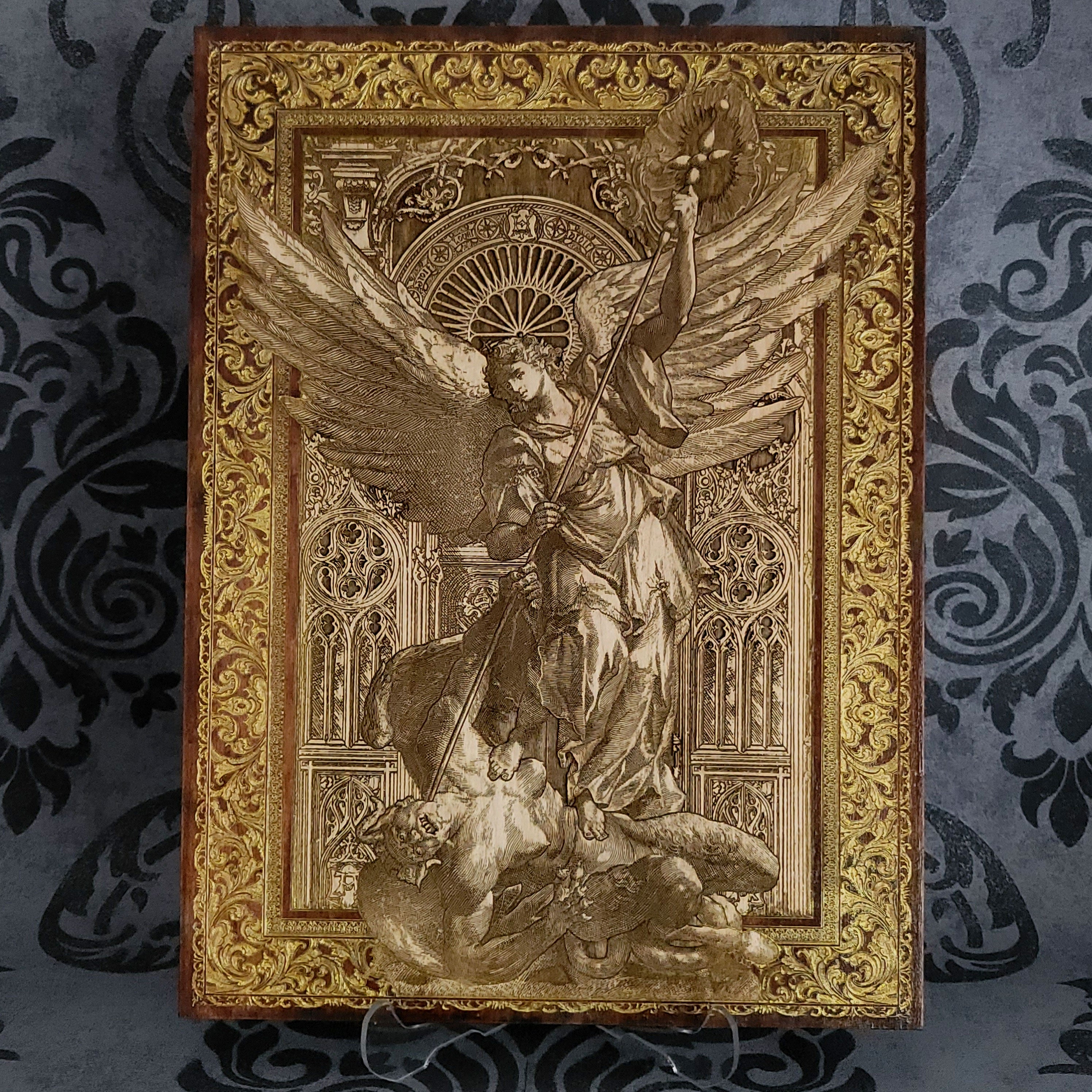 St. Michael the Archangel wood wall art, laser engraved on maple wood
