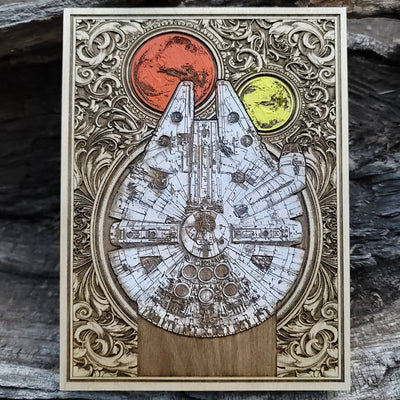 Handmade wooden artwork 'Intergalactic Ship III Star Wars Hand Painted - Mini' – wood gift for 5 year anniversary, wedding present, gift for him or her, romantic handcrafted decor