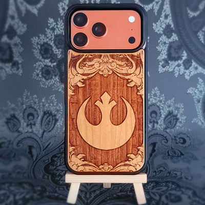 Star wars inspired wood phone case featuring a double laser-engraved design of&nbsp;The Rebel Logo.