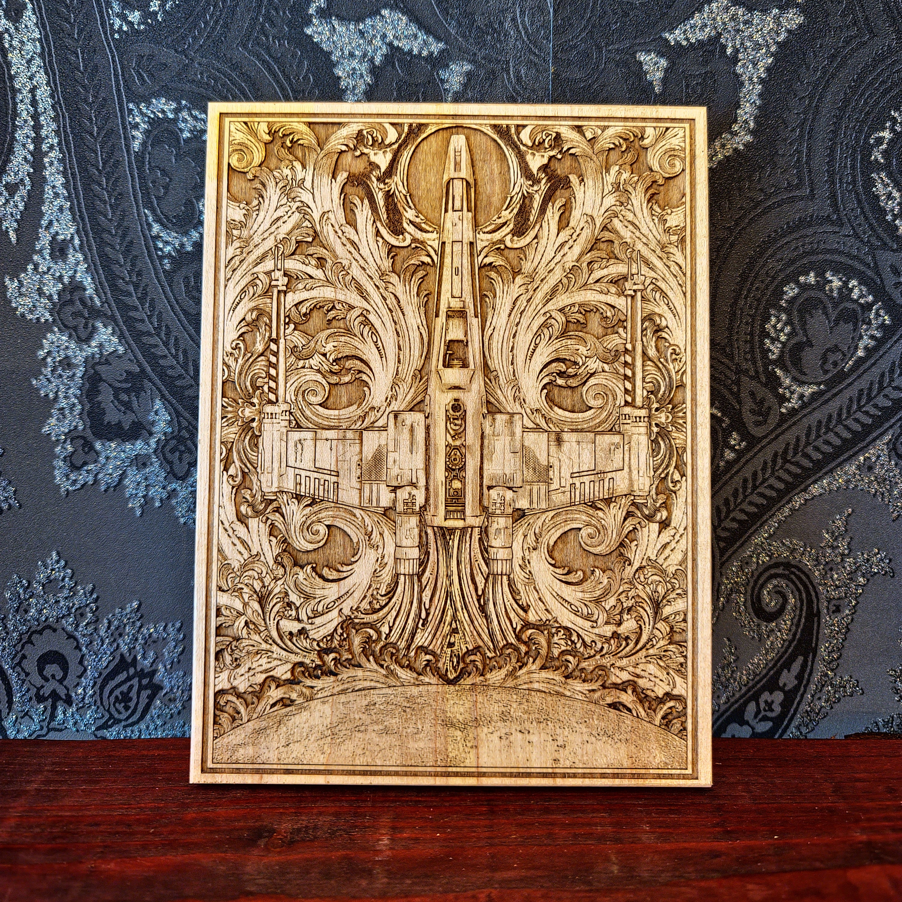 x-wing star wars ship wood engraved