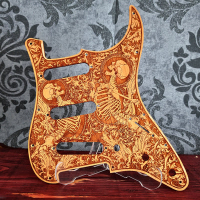 Cherry wood pickguard for Fender Strato, laser engraved, handcrafted design