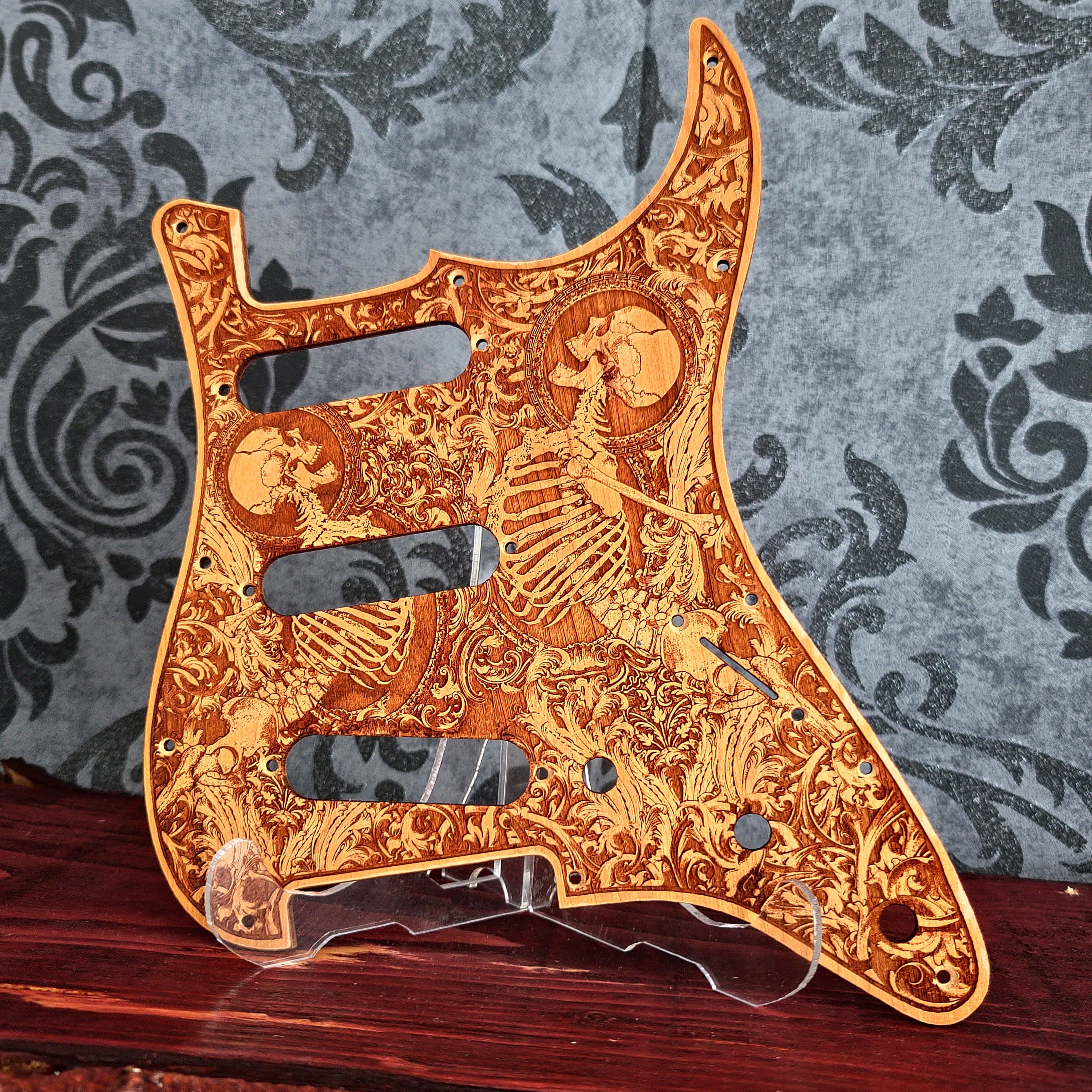 Cherry wood pickguard for Fender Strato, laser engraved, handcrafted design