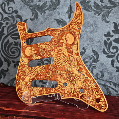 Cherry wood pickguard for Fender Strato, laser engraved, handcrafted design