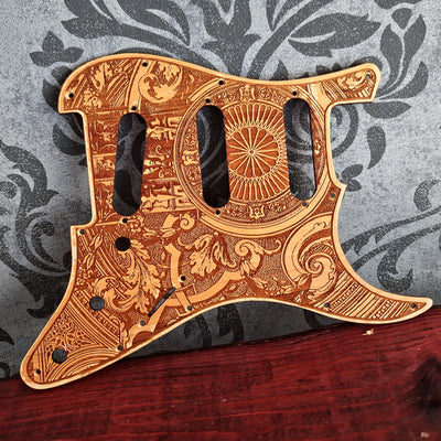 Custom Stratocaster wooden pickguard with personalized laser engraved artwork