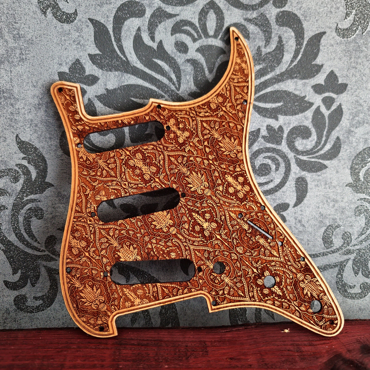 Stratocaster wooden pickguard with detailed laser engraved artwork
