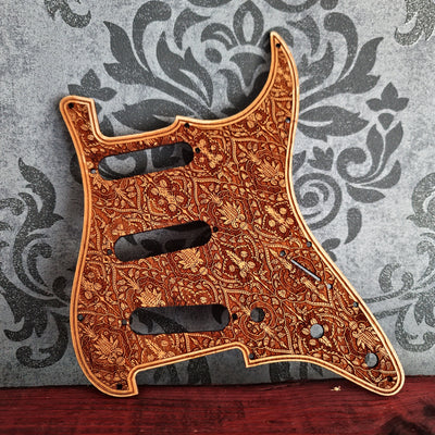 Stratocaster wooden pickguard with detailed laser engraved artwork