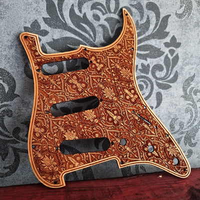 Laser engraved cherrywood pickguard for Stratocaster style electric guitar