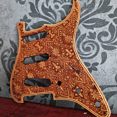 Engraved wooden guitar pickguard for Stratocaster style guitars