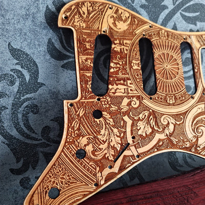 Made to order wooden Stratocaster pickguard with custom laser engraving