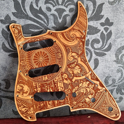 Personalized Stratocaster pickguard with custom artwork laser engraved on wood