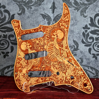 Cherry wood pickguard for Fender Strato, laser engraved, handcrafted design