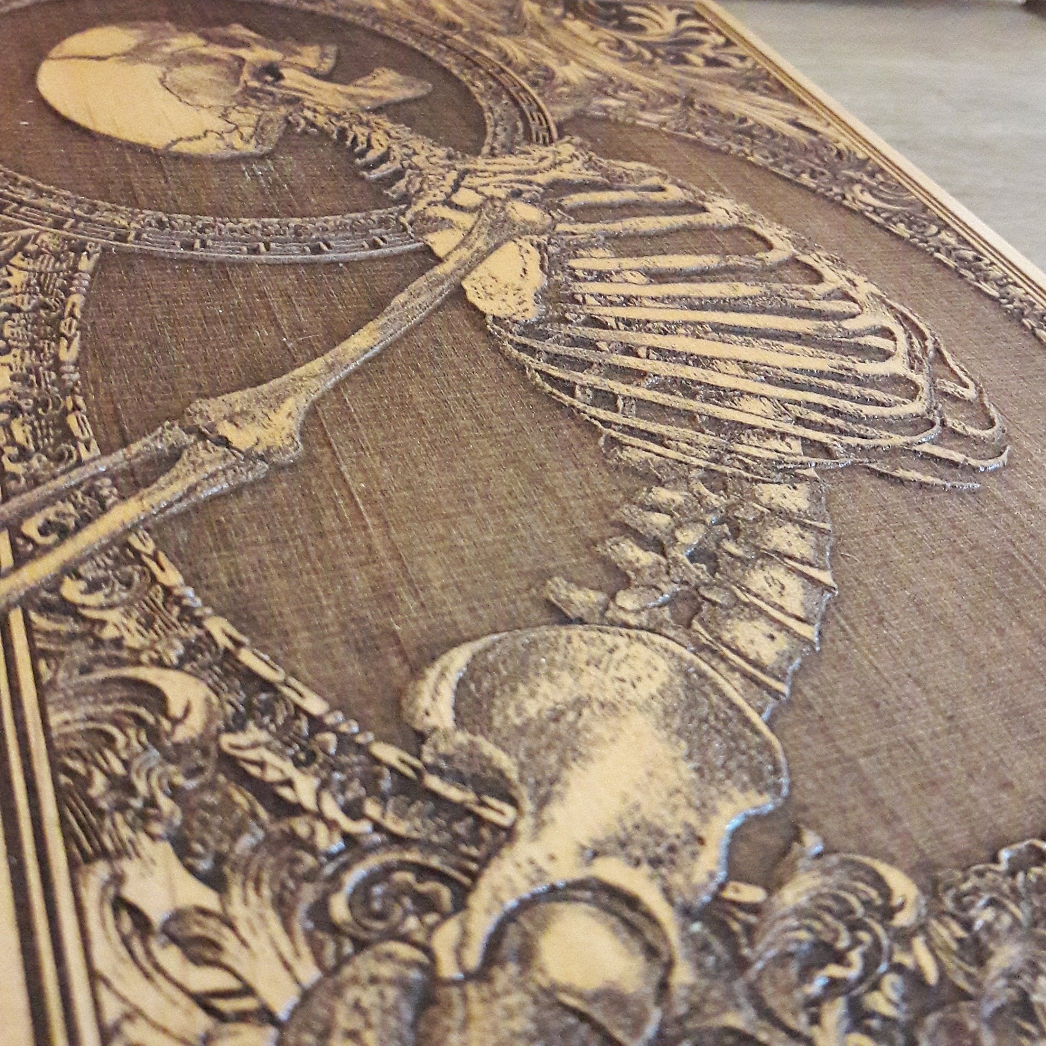 Skeleton mini wood engraving, inspired by gothic horror and macabre art, perfect for alternative and Halloween decor.