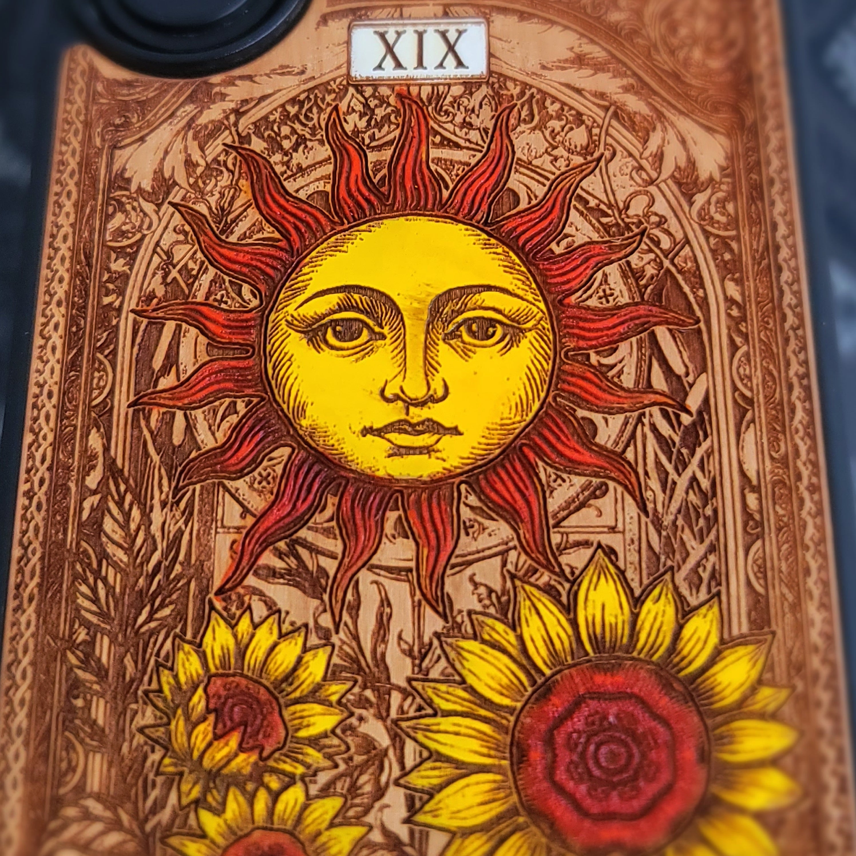 Die Sonne Tarot Karte Holz Handytasche bemalt