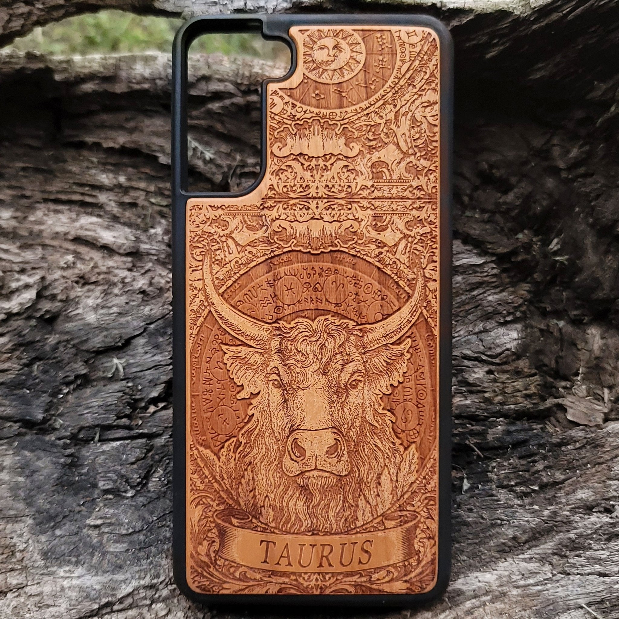 Taurus zodiac sign phone case engraved on natural wood