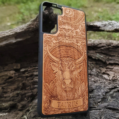 Celestial Taurus symbol phone case carved in real wood