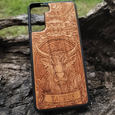 Astrology-themed Taurus phone cover with engraved design