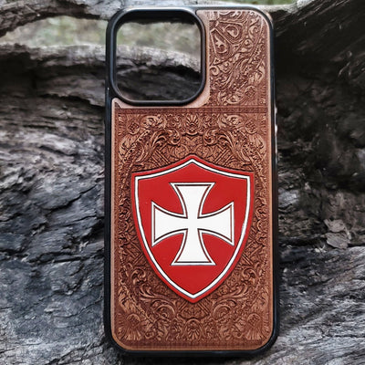 Templar Cross wood phone case – laser engraved & painted for iPhone , Galaxy S – medieval knight design