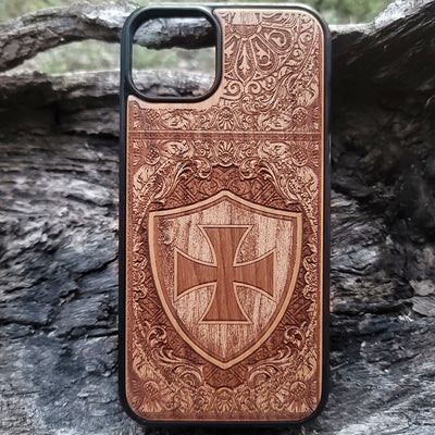 Templar Cross wood phone case – laser engraved & painted for iPhone , Galaxy S – medieval knight design