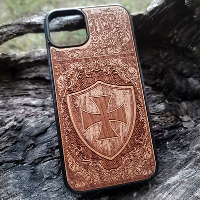 Templar Cross wood phone case – laser engraved & painted for iPhone , Galaxy S – medieval knight design