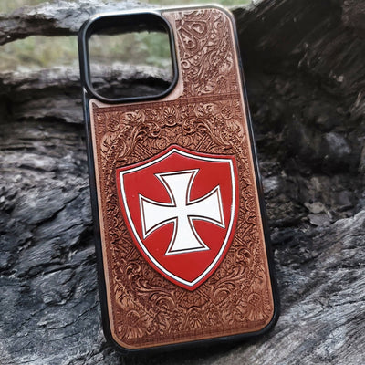 Templar Cross wood phone case – laser engraved & painted for iPhone , Galaxy S – medieval knight design