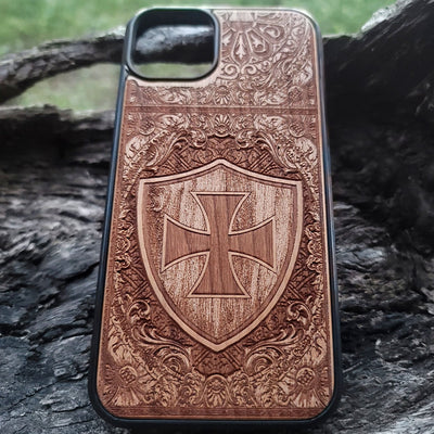 Templar Cross wood phone case – laser engraved & painted for iPhone , Galaxy S – medieval knight design