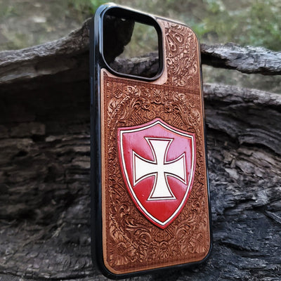 Templar Cross wood phone case – laser engraved & painted for iPhone , Galaxy S – medieval knight design