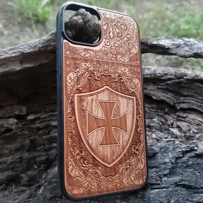 Templar Cross wood phone case – laser engraved & painted for iPhone , Galaxy S – medieval knight design