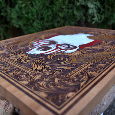 Viking-inspired horned skull wood wall hanging