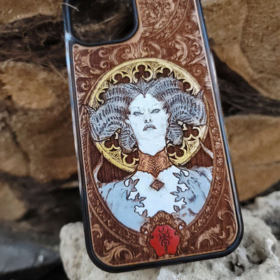 Hand-painted wooden phone case featuring a Diablo-inspired demon with gothic horns and ornate engraving, perfect for fantasy gamers and dark RPG fans
