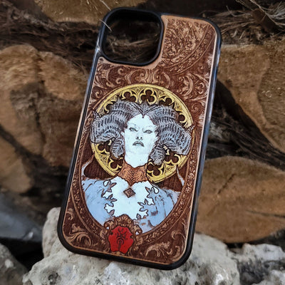 Hand-painted wooden phone case featuring a Diablo-inspired demon with gothic horns and ornate engraving, perfect for fantasy gamers and dark RPG fans
