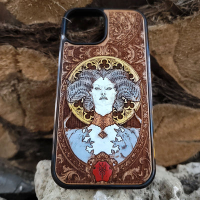 Hand-painted wooden phone case featuring a Diablo-inspired demon with gothic horns and ornate engraving, perfect for fantasy gamers and dark RPG fans
