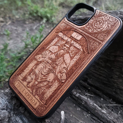 The Emperor tarot wood phone case – engraved for iPhone , Galaxy S – bold mystical design of structure and power