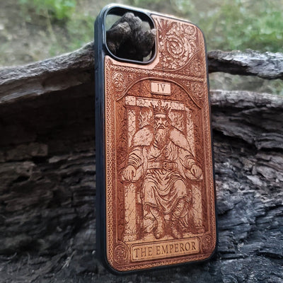 The Emperor tarot wood phone case – engraved for iPhone , Galaxy S – bold mystical design of structure and power
