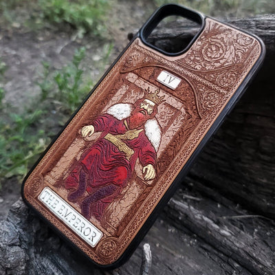 The Emperor tarot wood phone case – engraved & hand-painted for iPhone , Galaxy S – bold mystical design of structure and power

