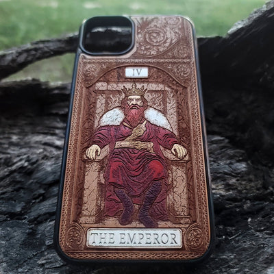 The Emperor tarot wood phone case – engraved & hand-painted for iPhone , Galaxy S – bold mystical design of structure and power

