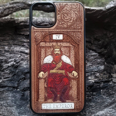 The Emperor tarot wood phone case – engraved & hand-painted for iPhone , Galaxy S – bold mystical design of structure and power

