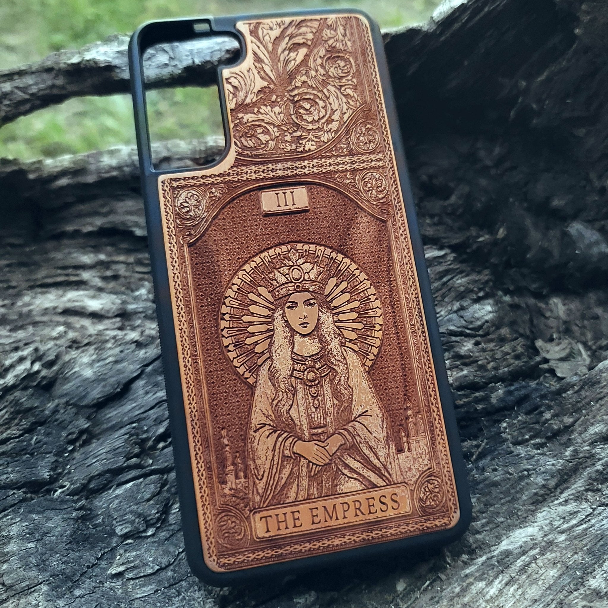 Empress Tarot Card wood phone case with mystical esoteric design for iPhone –11 and Galaxy S–S20