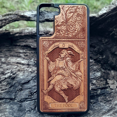 The Fool Tarot Card wood phone case with mystical, esoteric artwork for iPhone –11 and Galaxy S–S20