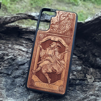 The Fool Tarot Card wood phone case with mystical, esoteric artwork for iPhone –11 and Galaxy S–S20