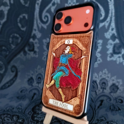 The Fool tarot card wood phone case – hand-painted & laser engraved for iPhone 17, Galaxy S26 – whimsical witchy design