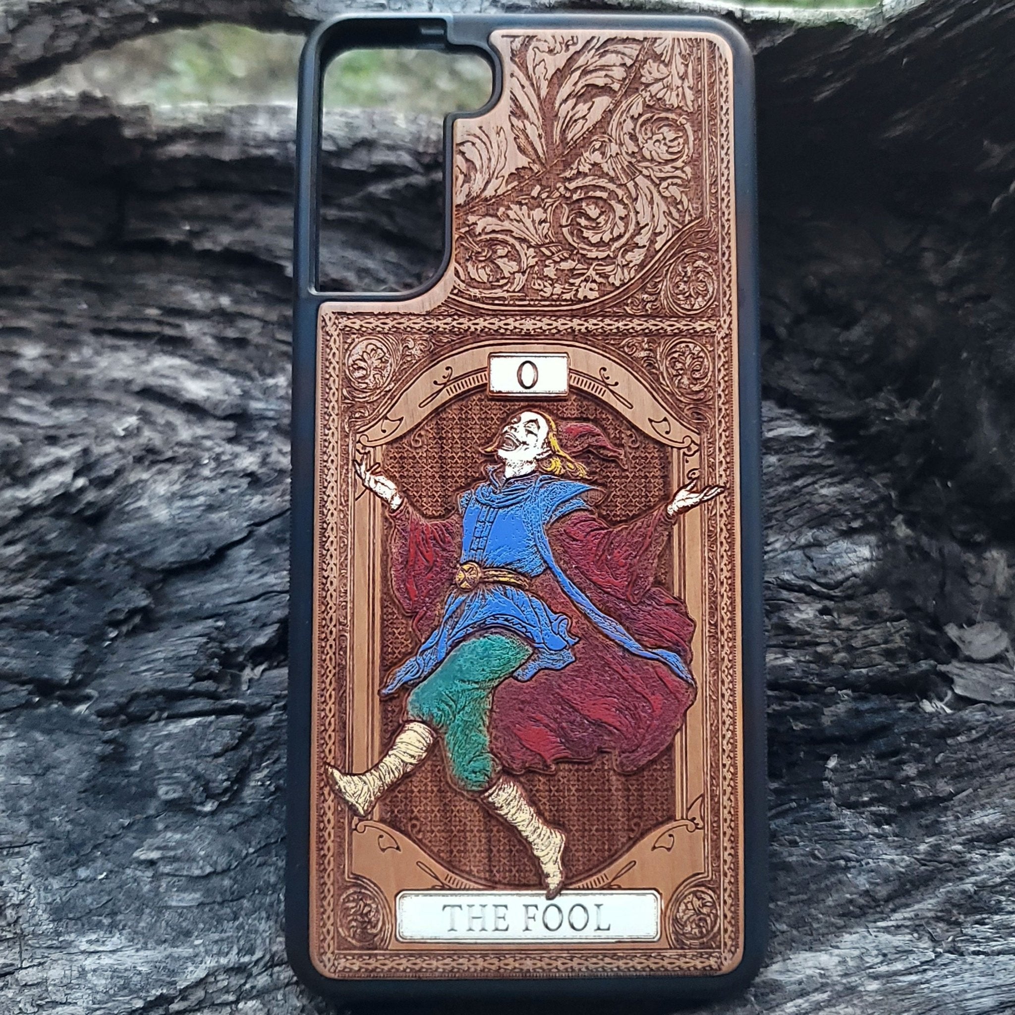 The Fool tarot wood phone case – engraved and hand-painted for iPhone , Galaxy S – mystical design for tarot lovers