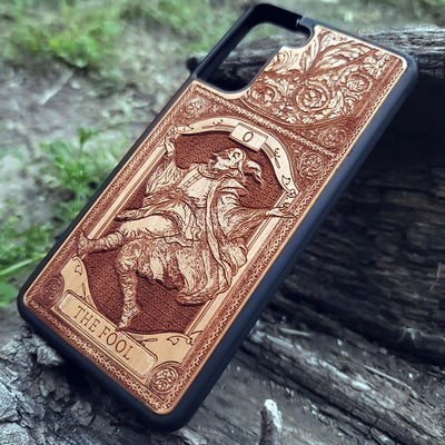 The Fool Tarot Card wood phone case with mystical, esoteric artwork for iPhone –11 and Galaxy S–S20