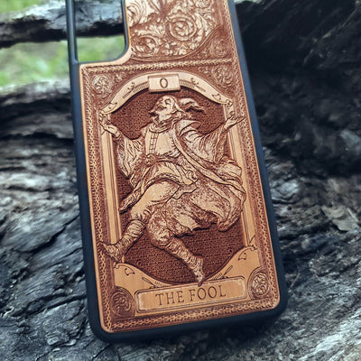 The Fool Tarot Card wood phone case with mystical, esoteric artwork for iPhone –11 and Galaxy S–S20