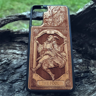 The Fool Tarot Card wood phone case with mystical, esoteric artwork for iPhone –11 and Galaxy S–S20
